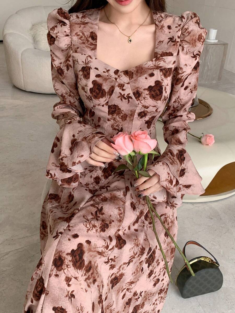DAZY 情人节玫瑰印花泡泡袖方领中长款连衣裙女士碎花秋季连衣裙长袖连衣裙
