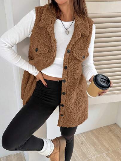 SHEIN EZwear Flap Detail Teddy Vest Coat Simple Fashionable Suitable For Winter