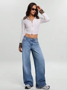 EURMUSE WOMEN WIDE LEG LOW WAIST JEANS STARS AND BELT DETAIL - Light Wash - View 7