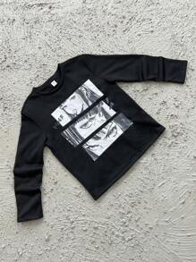 SHEIN Tween Girl 图案印花圆领长袖 T 恤 - 白色 - 查看 1