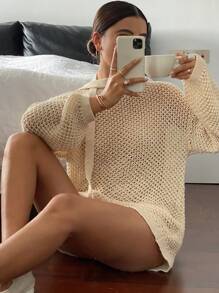 DAZY Top tricoté décontracté à manches longues, épaules tombantes, couleur unie, ample et ajouré pour femmes, automne/hiver - Nude - Voir 2