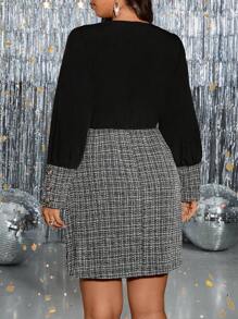 SHEIN Clasi Vestido elegante de fiesta de manga larga con escote en V, ajustado, de patchwork a cuadros para mujer de talla grande