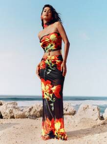 Opulessa 2 件套女士针织网眼印花短款紧身胸衣上衣和高腰裙套装 - 黑色 - 查看 6