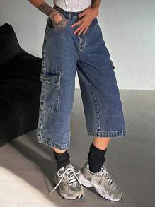 DAZY Pantalones vaqueros de pierna ancha con bolsillos cargo y ajuste holgado casual para mujeres, pantalones cortos de mezclilla