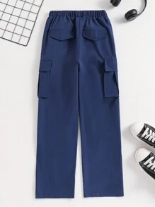 SHEIN Pantalones deportivos, de exterior y de carga con múltiples bolsillos y cintura elástica de unicolor para niño preadolescente