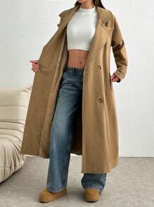 SHEIN Tall Double Breasted Button Detailed Drop Shoulder Long Overcoat - Rust Brown - View 6