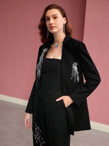 MOTF PREMIUM SEQUIN BEADED SINGLE BUTTON STRUCTURED BLAZER - Black - View 5