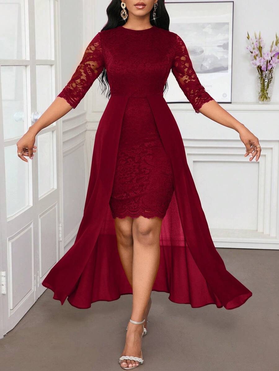 SHEIN Lady 秋冬圣诞派对礼服优雅蓝色蕾丝圆领不对称飘逸 - 酒紅色 - 查看 1
