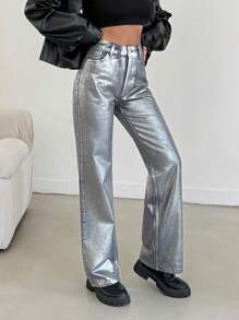 EURMUSE Fashion Metallic Feeling High-Waisted Straight Leg Jeans - Light Grey - View 8