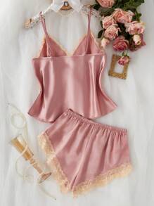 对比色蕾丝缎睡衣套装/睡衣套装 - 淺粉色 - 查看 2