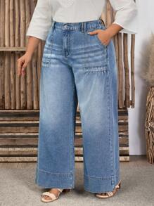 SHEIN LUNE Plus Size Washed Loose Wide-Leg Jeans For Leisure