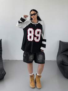 SHEIN Unity Plus Size Women Letter Print Casual T-Shirt With Raglan Sleeves - Black and White - View 4