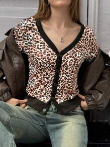 Jouncy Women's Leopard Print Long Sleeve Single Breasted Fashionable T-Shirt, Autumn Graphic Cheetah Print Tees Women Tops For Spring Fall Cloth For Women - Brown - View 5