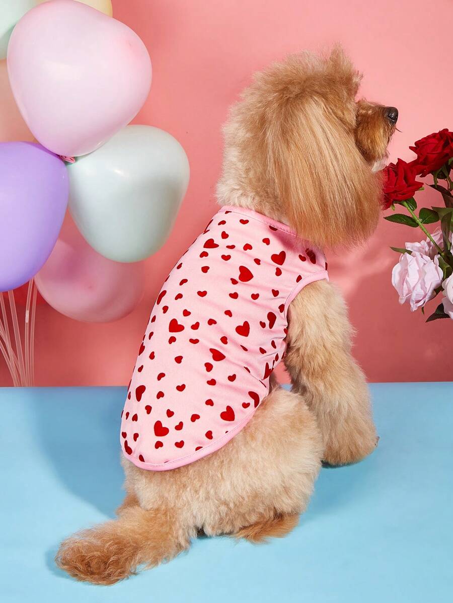 PETSIN 1pc Polyester Heart Pattern Stretchy Breathable Camisole Vest, Comfortable Home Wear Suitable For Teddy Bear All Season, Valentine's Day - Pink - View 1