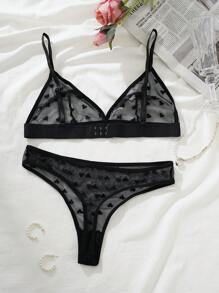 PetitDoll Valentine's Day Sexy Sheer Heart Jacquard Mesh Wireless 2Pcs Lingerie Set - Black - View 2