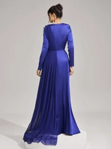 SHEIN Belle 正式礼服，优雅晚礼服长袖伴娘礼服，婚礼宾客礼服 - 寶藍色 - 查看 2