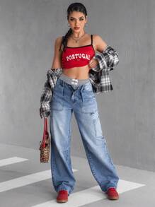 SHEIN EZwear Women's Casual Washed Straight Leg Cargo Jeans