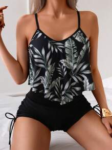 Swim Lushoire Tropical Print Spaghetti Strap Tankini Set, Random Print, Ruffle Trim Summer - Green - View 1