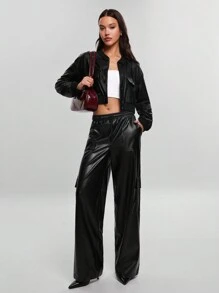 SHEIN Cottnline بنطلون واسع نساء خصر مطاطي بكيس وسحاب جلدي صناعي - الأسود - مشاهدة 6