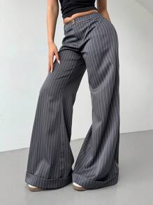 SHEIN BASICS Pantalon femme à jambe évasée, taille basse, rayures tissées, style casual