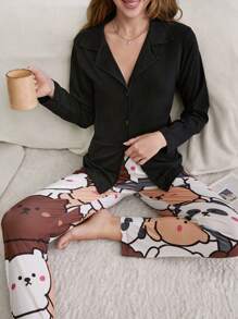 RueChic 2Pcs Viscose  Button Front Shirt And Cute Animal Printed Sleep Bottom PJ Set - Multicolor - View 3
