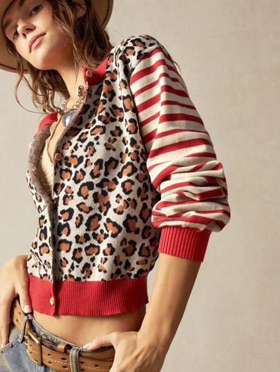 Bohemela Women's Leopard Print & Striped Pattern Cardigan Western Wear Women Festival Hippie Old Money In Fall/Winter