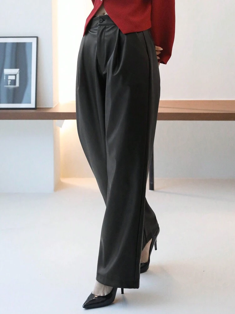 Women's Solid Color PU Pleated Wide Leg Loose Casual Pants,Fall Clothes Leather Pants