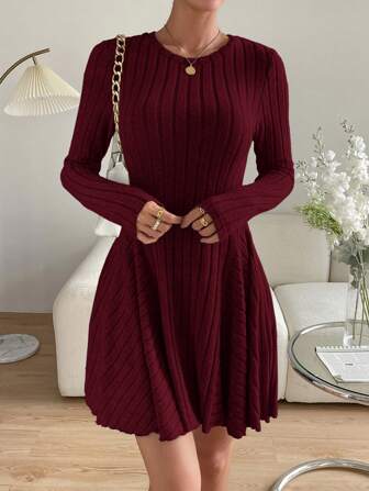 SHEIN Essnce Valentine's Day Women's Solid Color Round Neck Ribbed Casual Short Long Sleeve Mini Dress/Burgundy,New Years Women Outfit ,New Years Women Dress,New Year Party Dress,Dresses For Women Winter