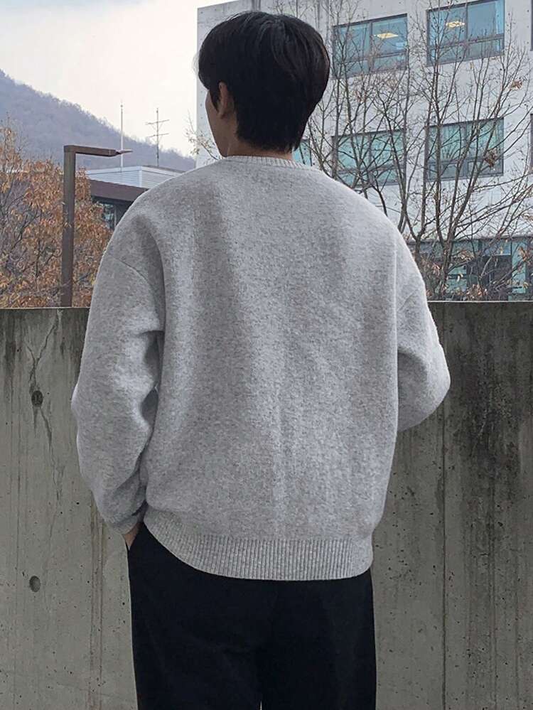 Men's Grey Jacquard Letter All-Match Versatile Sweater Fall,Winter