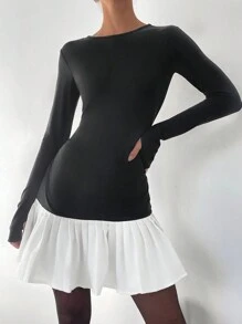 SHEIN Essnce Women Solid Color Block Round Neck Long Sleeve Simple Casual Mini Dress - Black and White - View 5