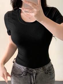Joudiya 修身性感圆领短袖女式 T 恤夏季 - 黑色 - 查看 11