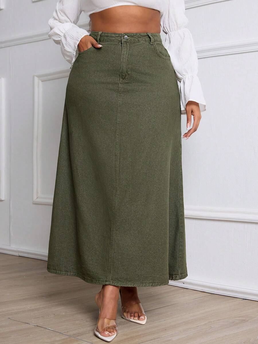 Slaydiva Plus Size Women's A-Line Denim Skirt - Army Green - View 1