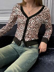 Jouncy Women's Leopard Print Long Sleeve Single Breasted Fashionable T-Shirt, Autumn Graphic Cheetah Print Tees Women Tops For Spring Fall Cloth For Women - Brown - View 7