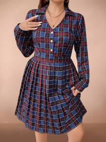 SHEIN Clasi Vestido casual con pliegues de tela escocesa de talla grande, para otoño - Multicolor - Ver 6