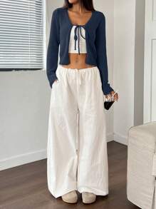 Flirla 女式纯色长袖前系带休闲开衫，秋冬 - 藏蓝色 - 查看 6