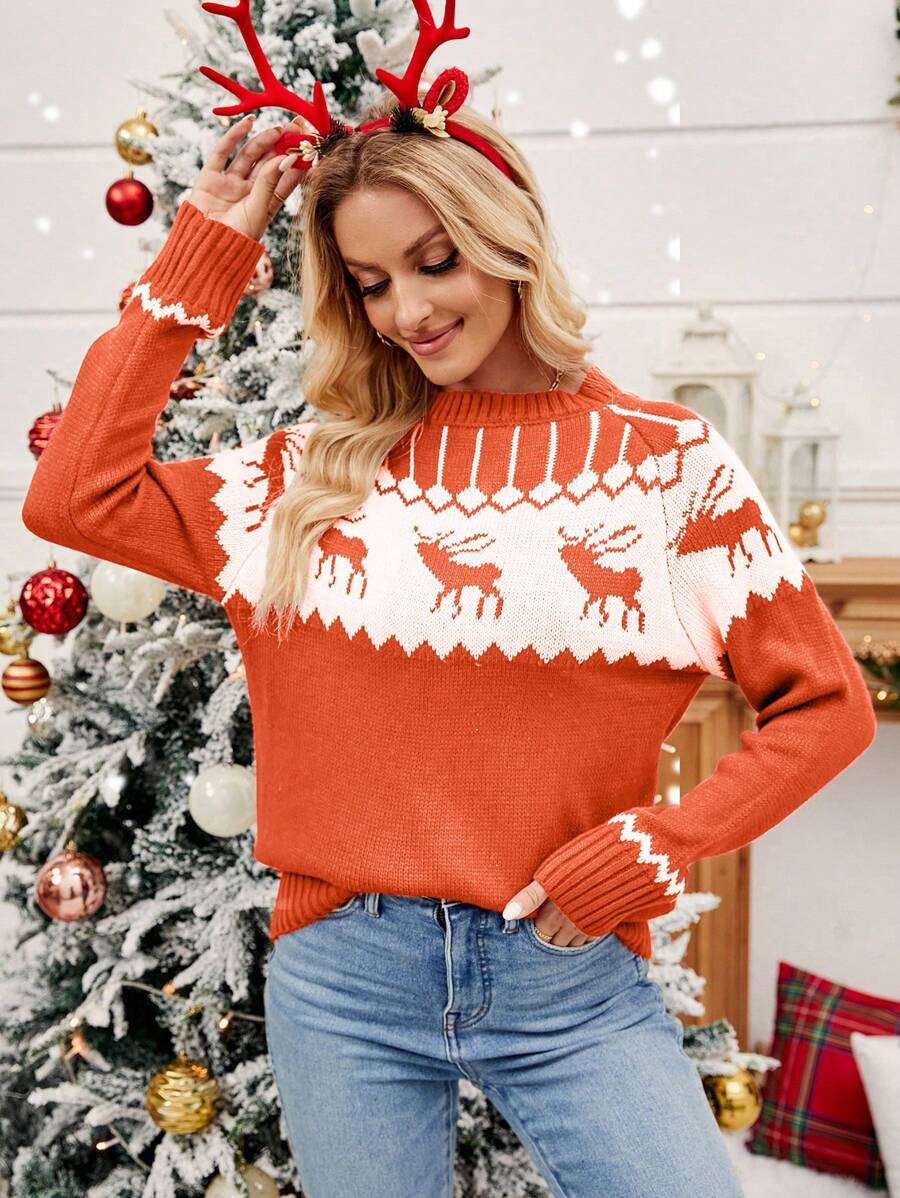 Chiquease Christmas Colorblock Deer Pattern Sweater Knit Pullover Fall Winter Sweater