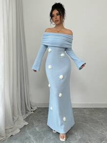Calvaya Elegante Franse stijl Sexy Dagelijks/Feest Figuur-Flatterende V-hals Lange Mouw Bloemen Gebreide Stretch Zeemeermin Jurk, Blauwe Kleur, Herfst/Winter