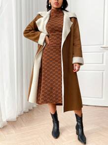 Mulvari Women Colour Block Thermal Lined Stand Collar Long Sleeve Long Casual Jacket, Autumn/Winter - Brown - View 5