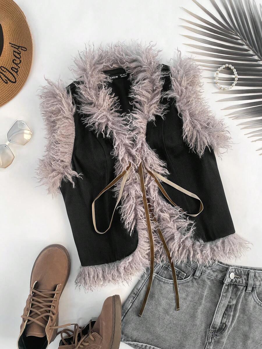 Soleia 女式休闲编织背心，配有衣领和袖口人造毛边饰 - 藏蓝色 - 查看 1