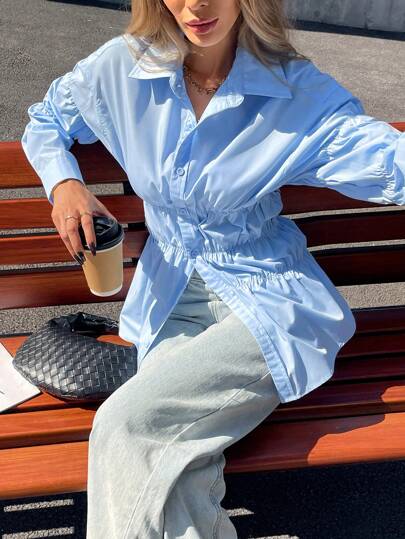 SHEIN Essnce Women's Solid Color Button Front Long Sleeve Casual Shirt