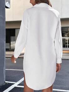 Damen Herbst Lässig einfarbiges vorne geknöpftes kurzes hinten langes Hemd