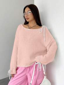 SHEIN MOOSTA Women Contrast Color Panel Lace-Up Long Sleeve Casual Knit Pullover Fall Winter Sweater - Baby Pink - View 3
