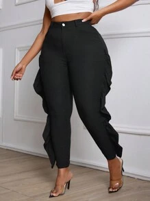 Plus Size Women Jeggings With Ruffle Sides, Black - Black - View 2