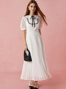 Enchnt 春冬浪漫女士蝴蝶结花卉蕾丝泡泡袖褶边长公主裙，甜美优雅，适合情人节、生日派对、节日、甜蜜约会之夜、鸡尾酒会和舞会 - 白色 - 查看 7