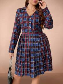 SHEIN Clasi Vestido casual con pliegues de tela escocesa de talla grande, para otoño - Multicolor - Ver 4