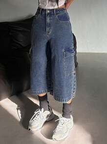 DAZY Pantalones vaqueros de pierna ancha con bolsillos cargo y ajuste holgado casual para mujeres, pantalones cortos de mezclilla
