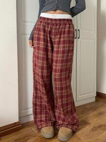 SHEIN EZwear 酒红色织布拼布阔腿宽松字母印花女裤 - 紅色 - 查看 4