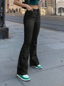 MYOURSA 女式喇叭裤弹力高腰牛仔裤，喇叭裤，优雅休闲日常工作约会街头服饰校园时尚服装纯黑色 - 黑色 - 查看 5