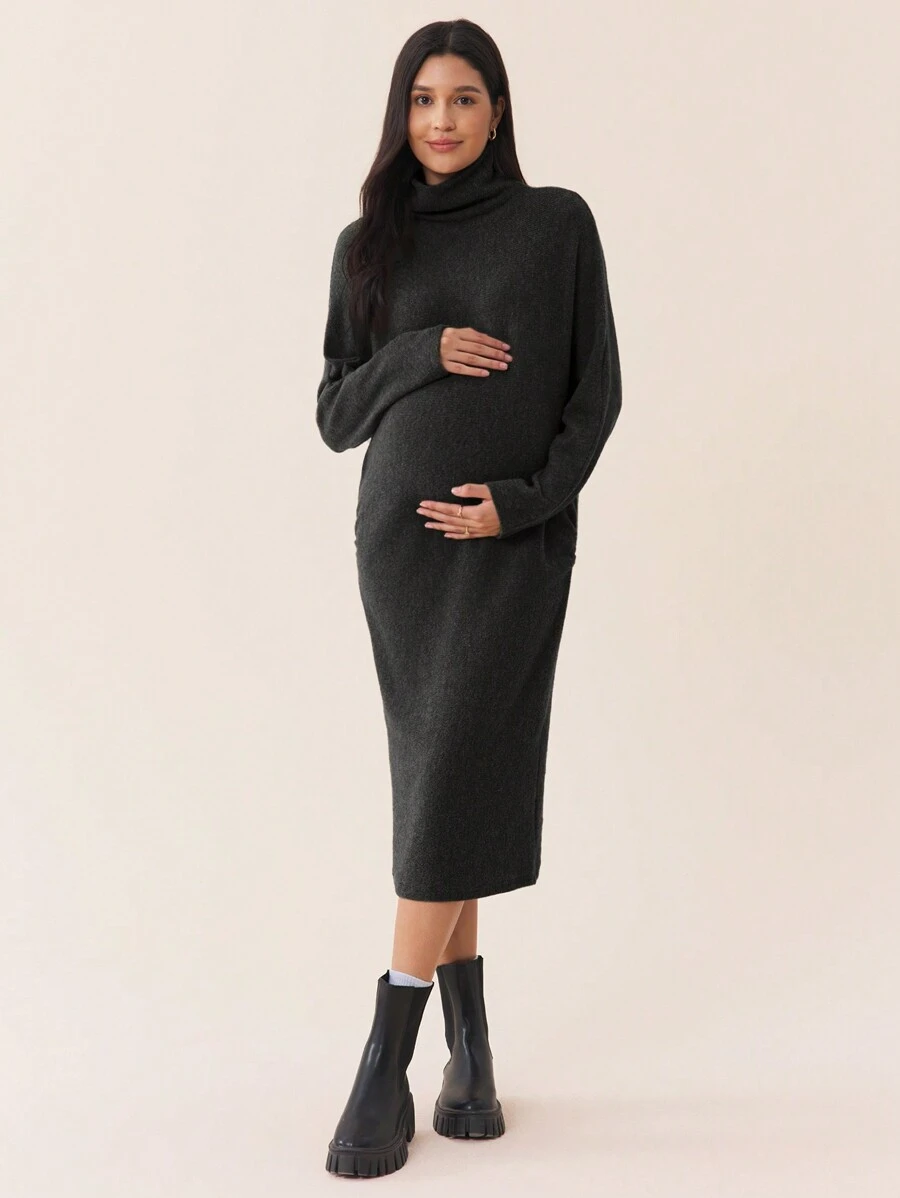SHEIN 婴儿洗礼秋冬孕妇装，高领落肩袖，孕妇紧身针织连衣裙 - 黑色 - 查看 1