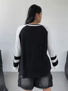 SHEIN Unity Plus Size Women Letter Print Casual T-Shirt With Raglan Sleeves - Black and White - View 2